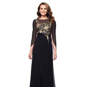 Betsy and Adam Embroidered Cape-sleeve Gown